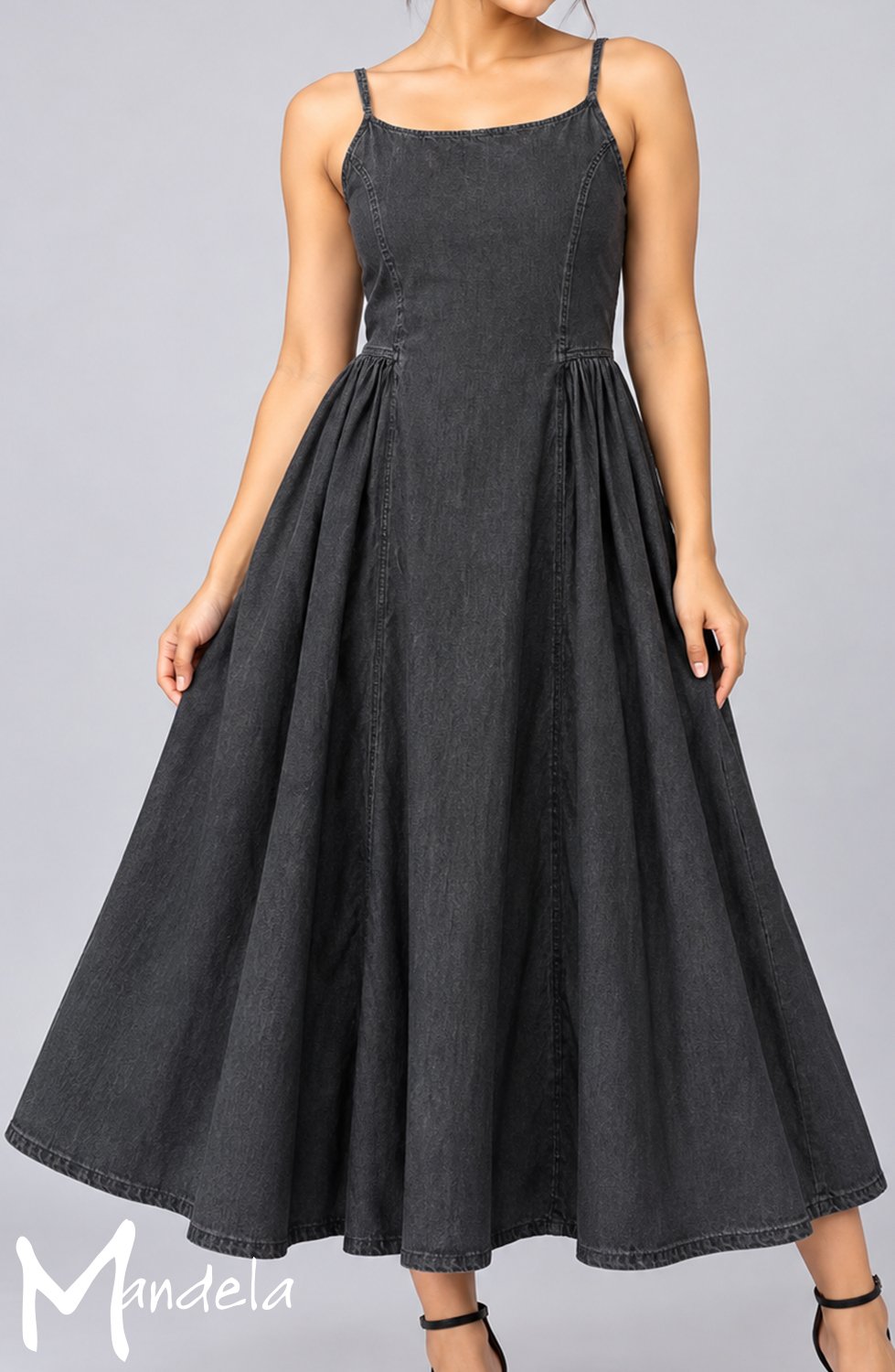 Black Denim Midi Dress with Side Bustle Panels